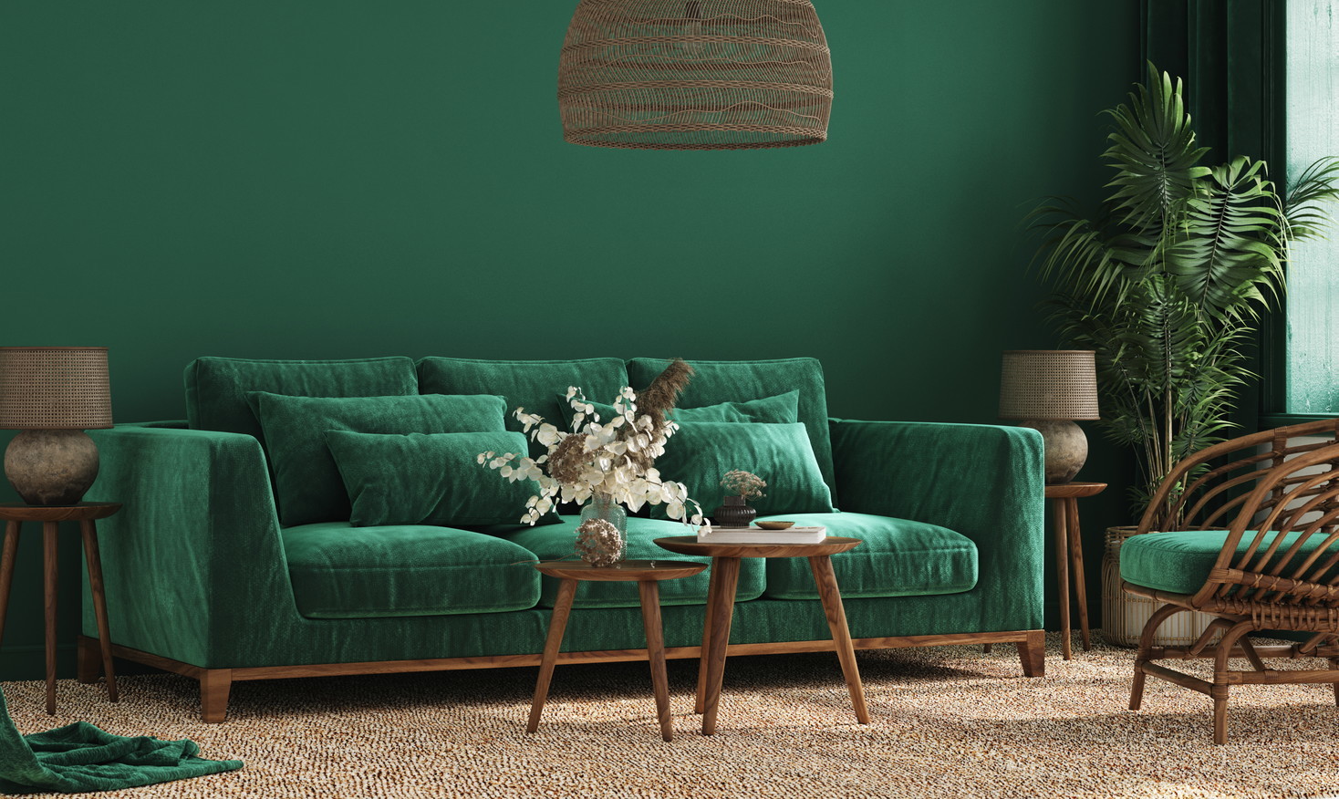 zielona kanapa w nowoczesnym salonie